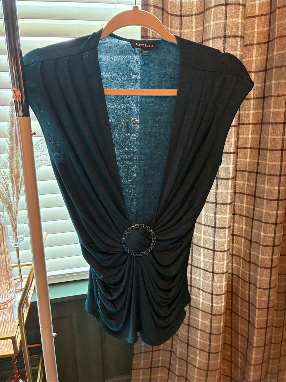 bebe Black Draped V-Neck Top with Decorative Ring